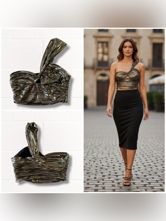 Zara Tops - Zara Metallic One-Shoulder Twist Crop Top - Gold, Size Medium